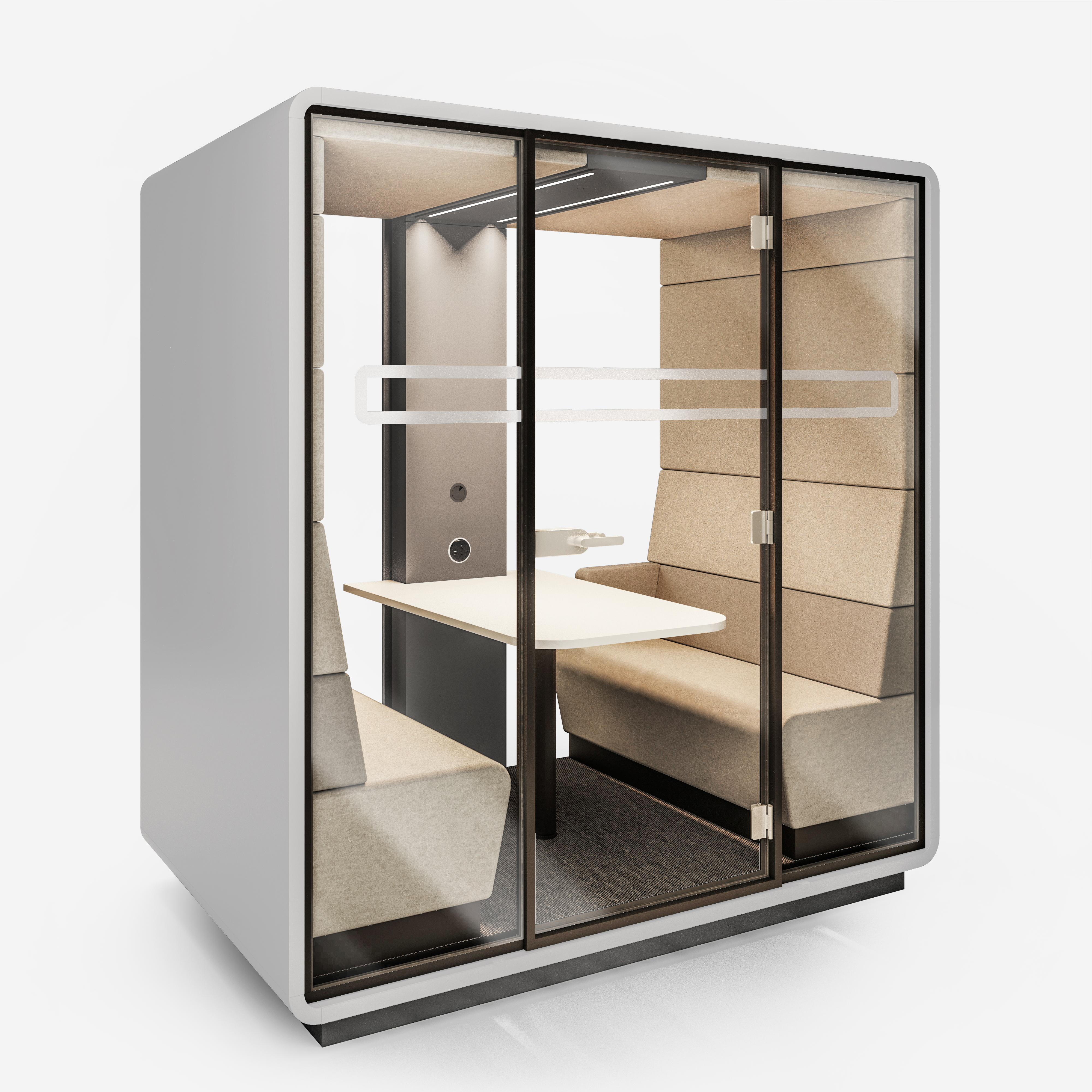 Hushoffice Meet Pod 4 Persons in Wool Pelican and Silver - White Case